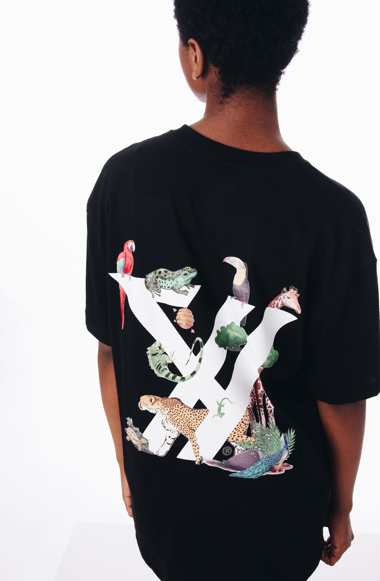 YINK™ c/o Mimi Kuruka: FLORA FAUNA MEN’s Black & White drop shoulder tee collection®.